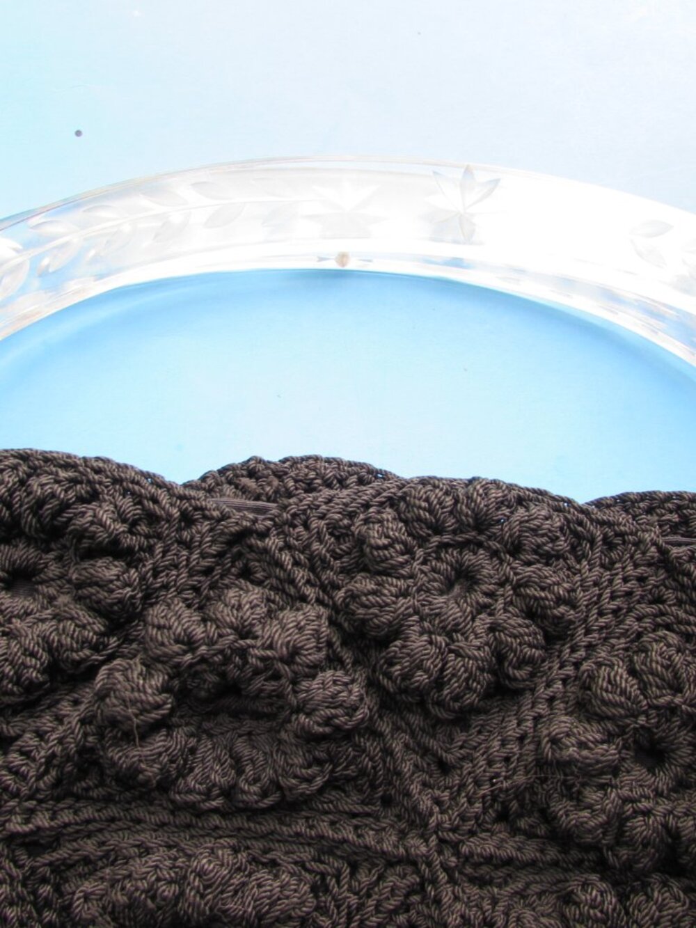 1940 Era Black Crochet Purse Clear Acrylic Handle - Picture 5 of 9